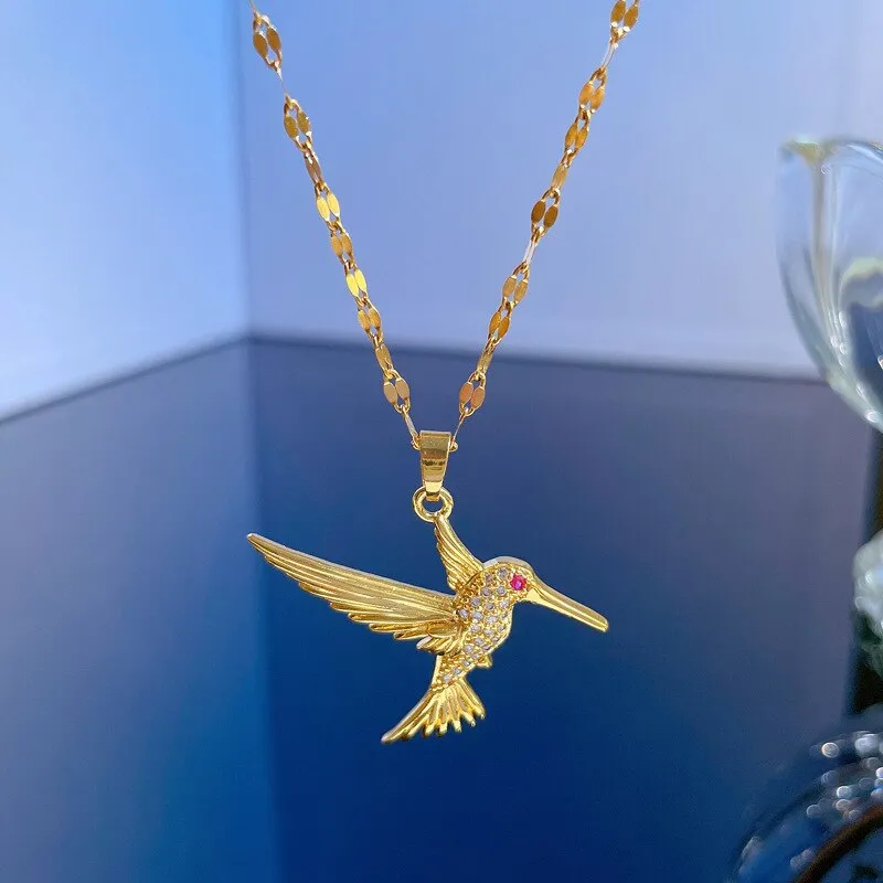 Gold Plated Hummingbird Bird Pendant Necklace For Women
