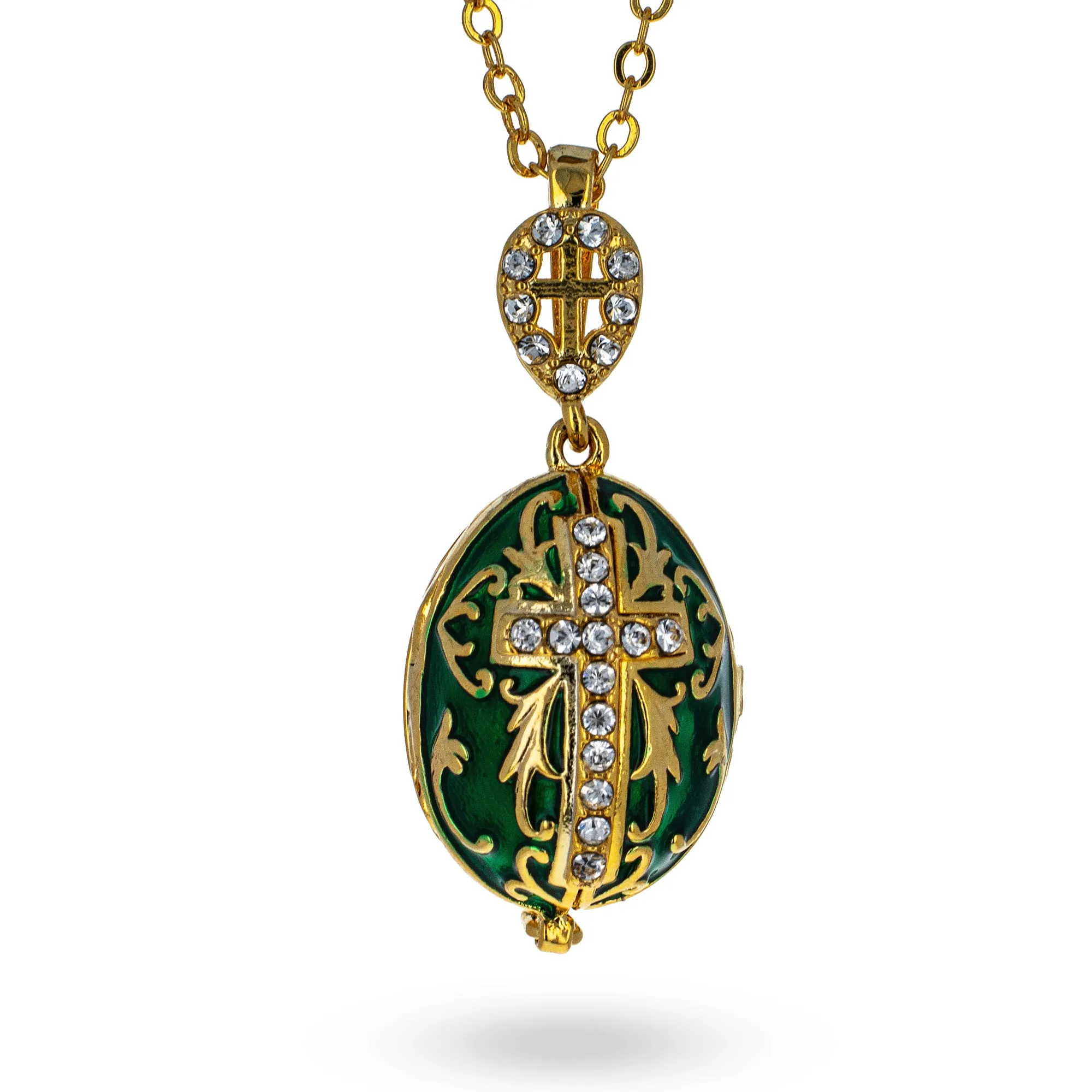 Green Brass 50 Crystals Triptych Icons Royal Egg Pendant Necklace