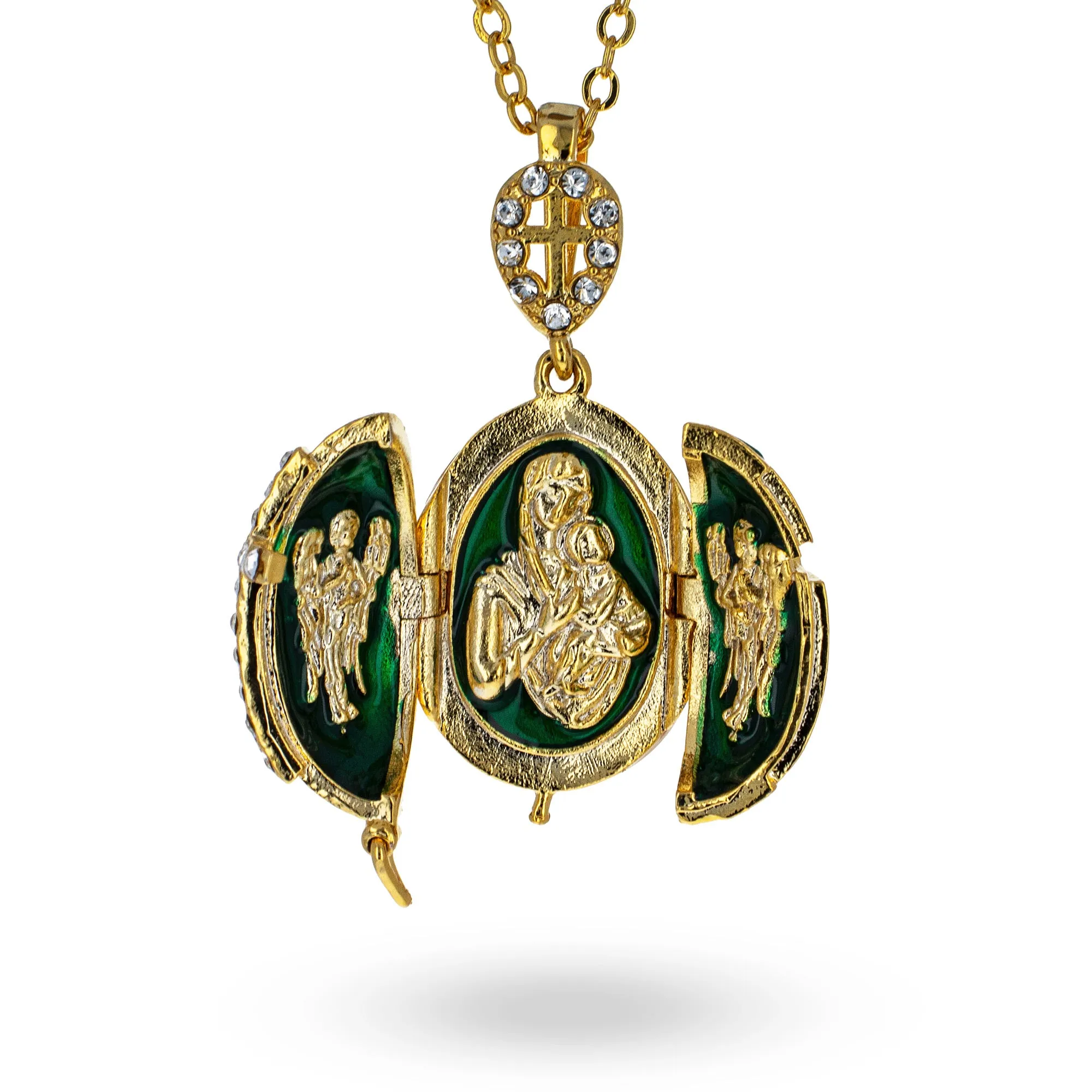 Green Brass 50 Crystals Triptych Icons Royal Egg Pendant Necklace