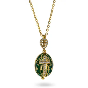 Green Brass 50 Crystals Triptych Icons Royal Egg Pendant Necklace