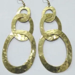 Hammered 3 Circle Link Dangle Earrings Gold Tone