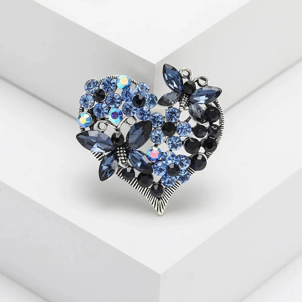 Heart Brooch With Artificial Gemstone Butterflies and Rhinestones