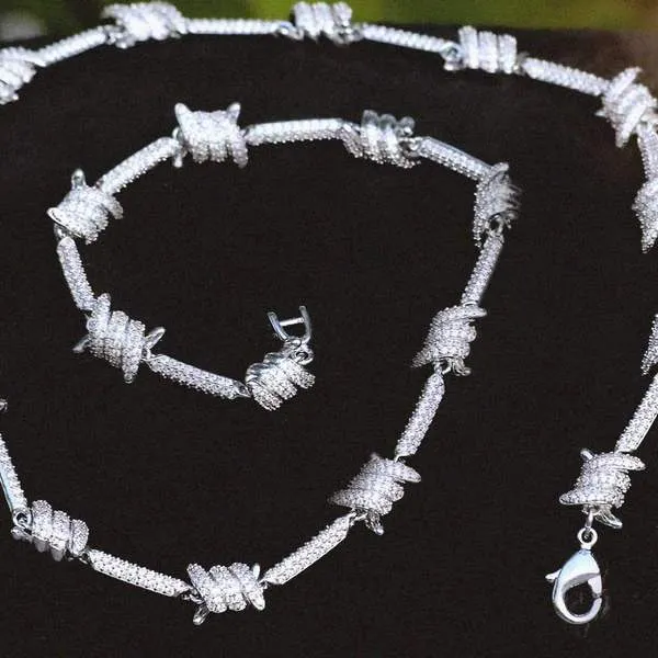 Iced Barbed Wire Necklace in White Gold