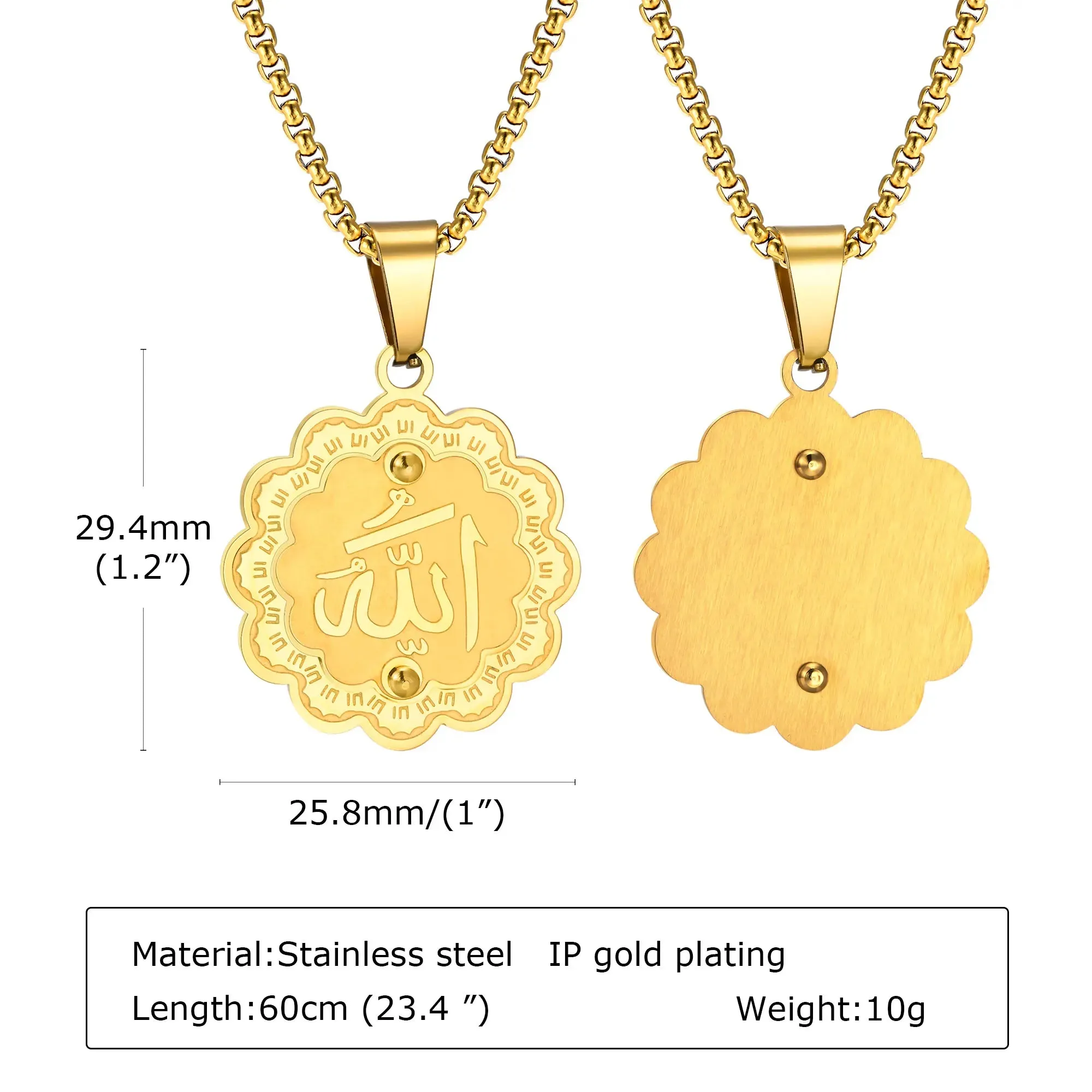 Islam Allah Men Necklaces,Gold Color 3D Flower Shape Pendant with Box Chain