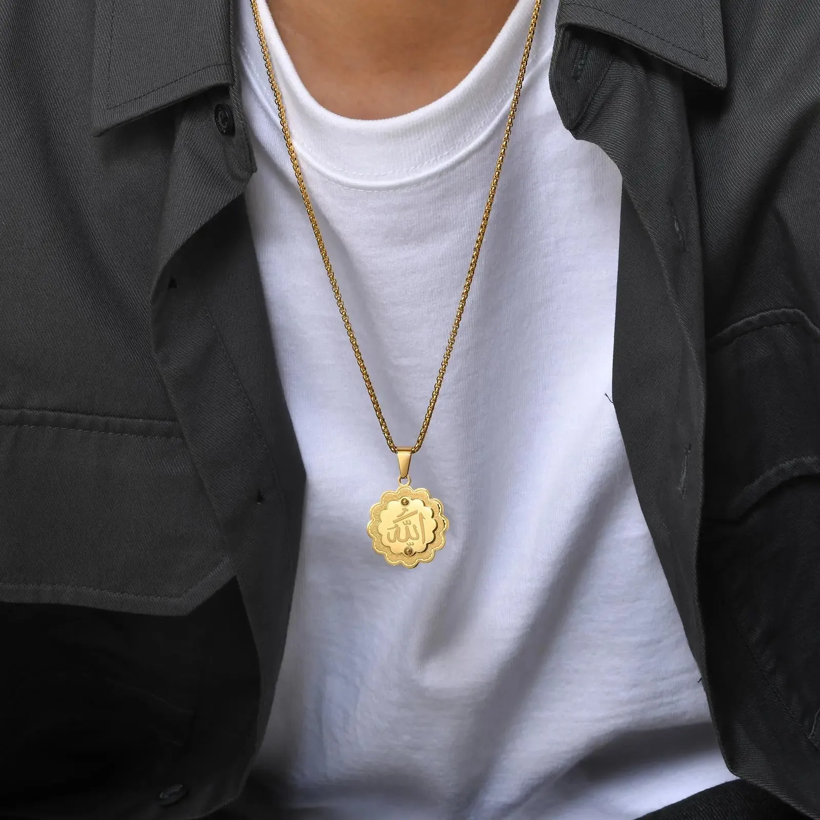 Islam Allah Men Necklaces,Gold Color 3D Flower Shape Pendant with Box Chain