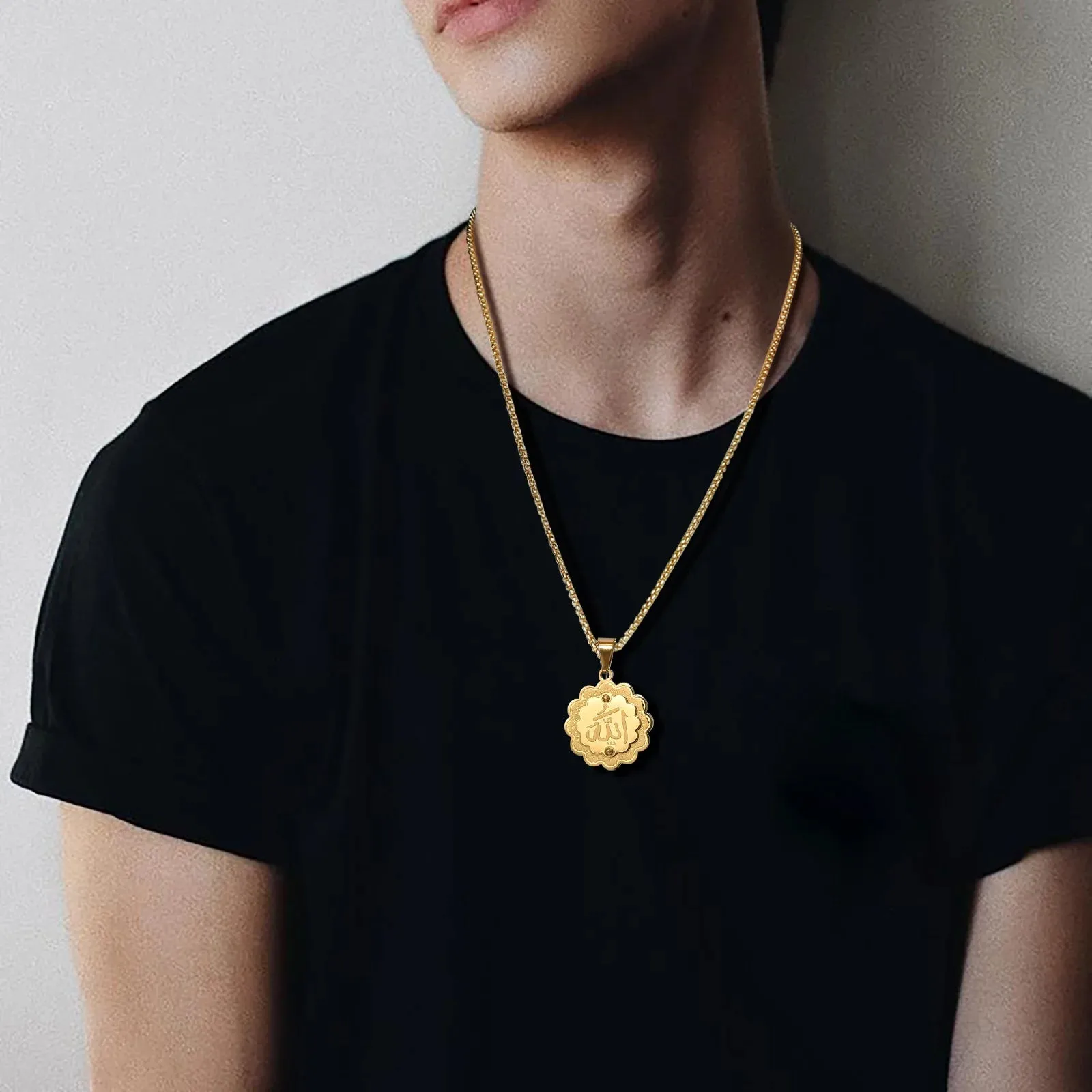 Islam Allah Men Necklaces,Gold Color 3D Flower Shape Pendant with Box Chain