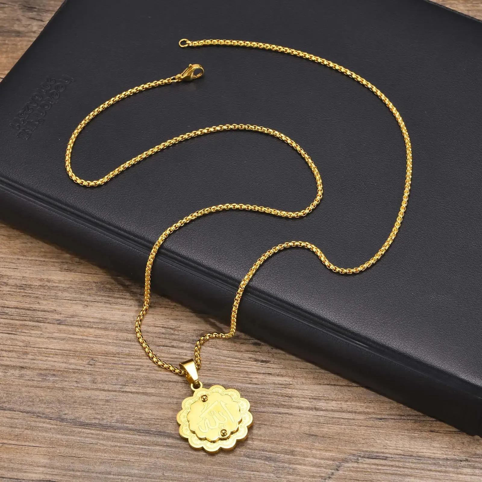 Islam Allah Men Necklaces,Gold Color 3D Flower Shape Pendant with Box Chain
