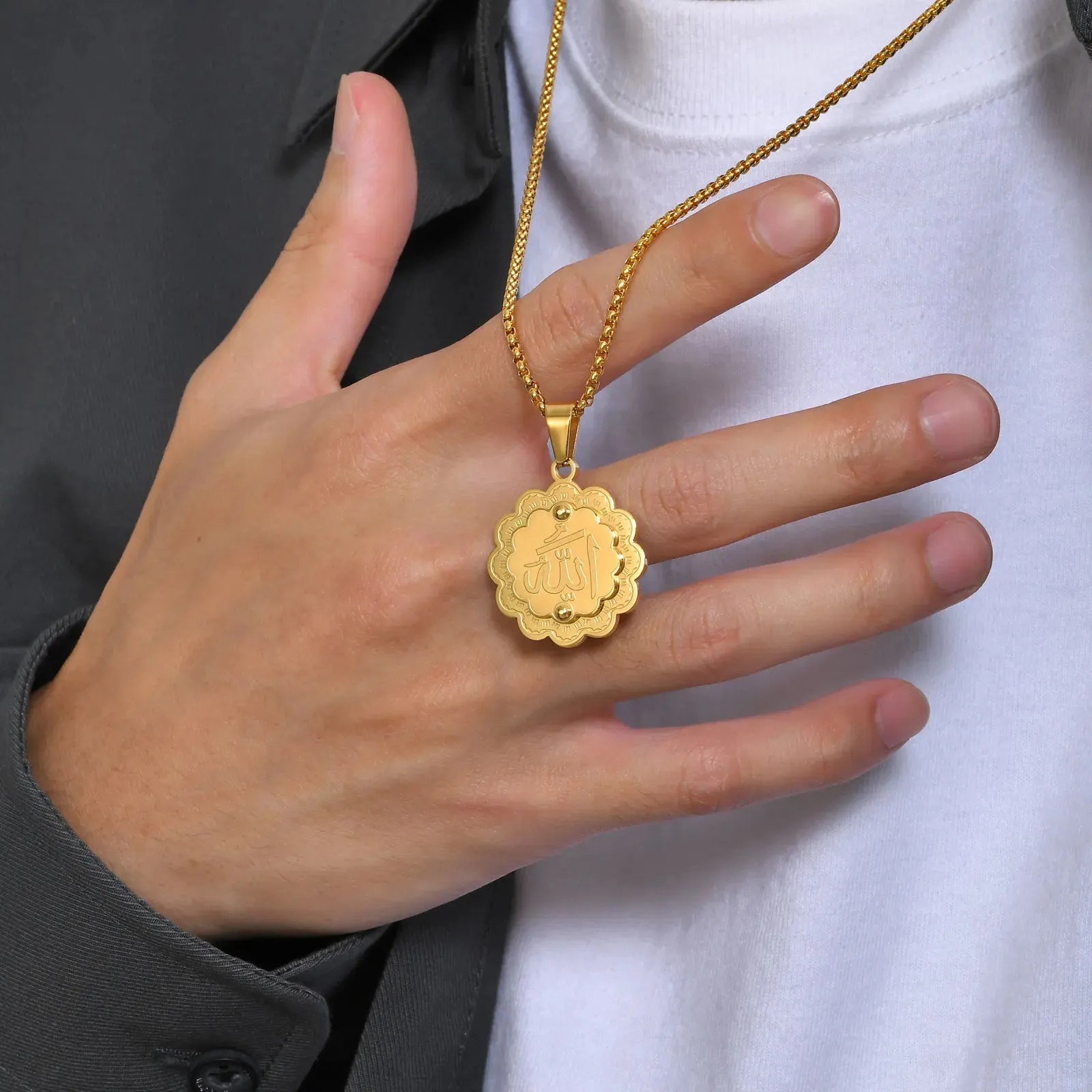 Islam Allah Men Necklaces,Gold Color 3D Flower Shape Pendant with Box Chain