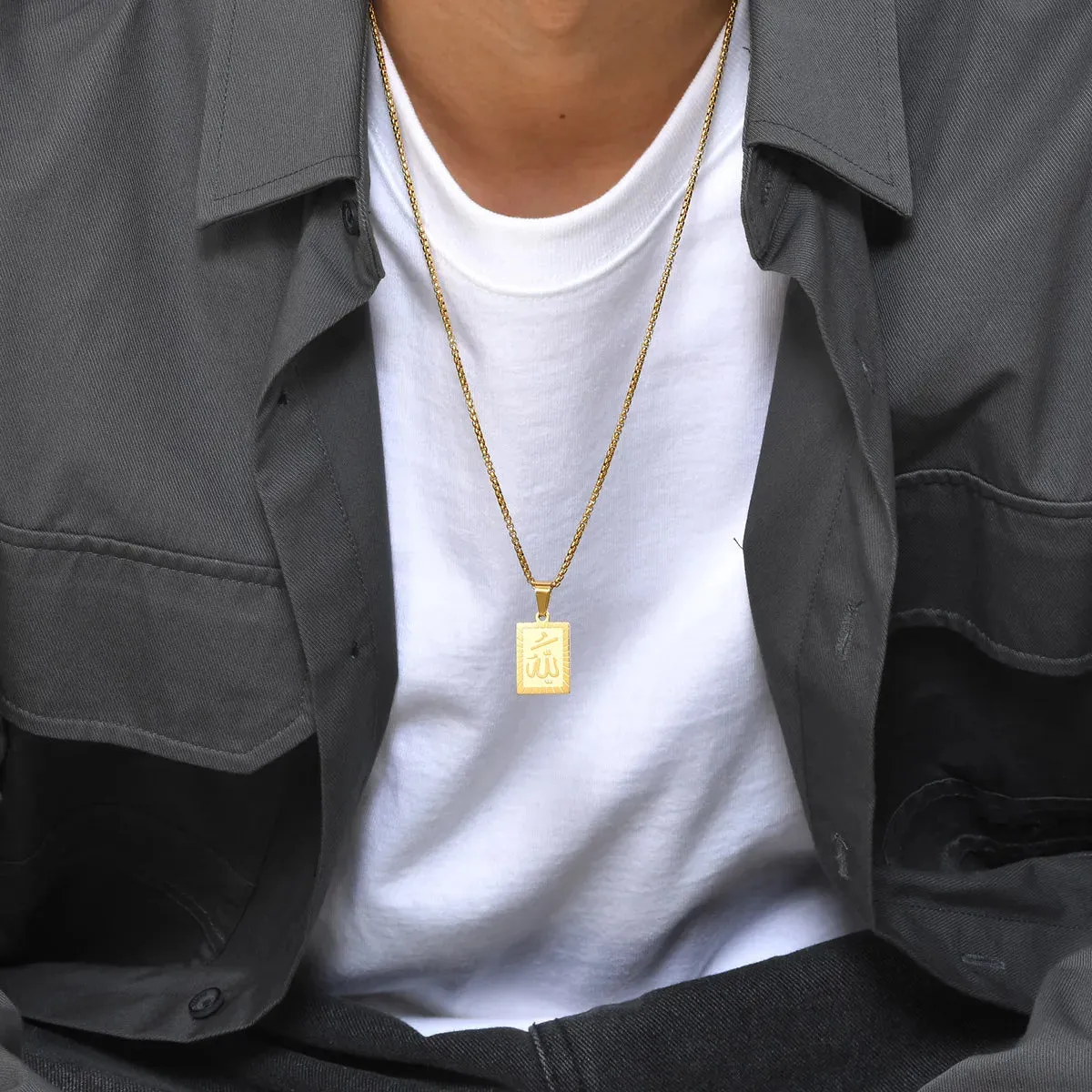 Islam Allah Men Necklaces,Gold Color Geometric Rectangle Pendant