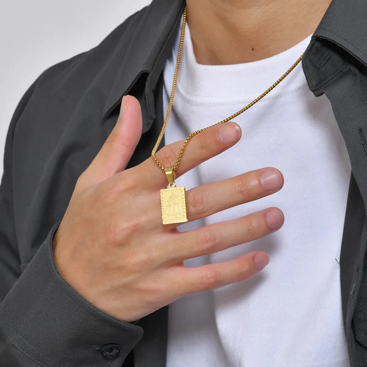 Islam Allah Men Necklaces,Gold Color Geometric Rectangle Pendant