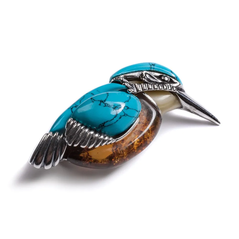 Kingfisher Bird Brooch in Silver, Turquoise and Amber