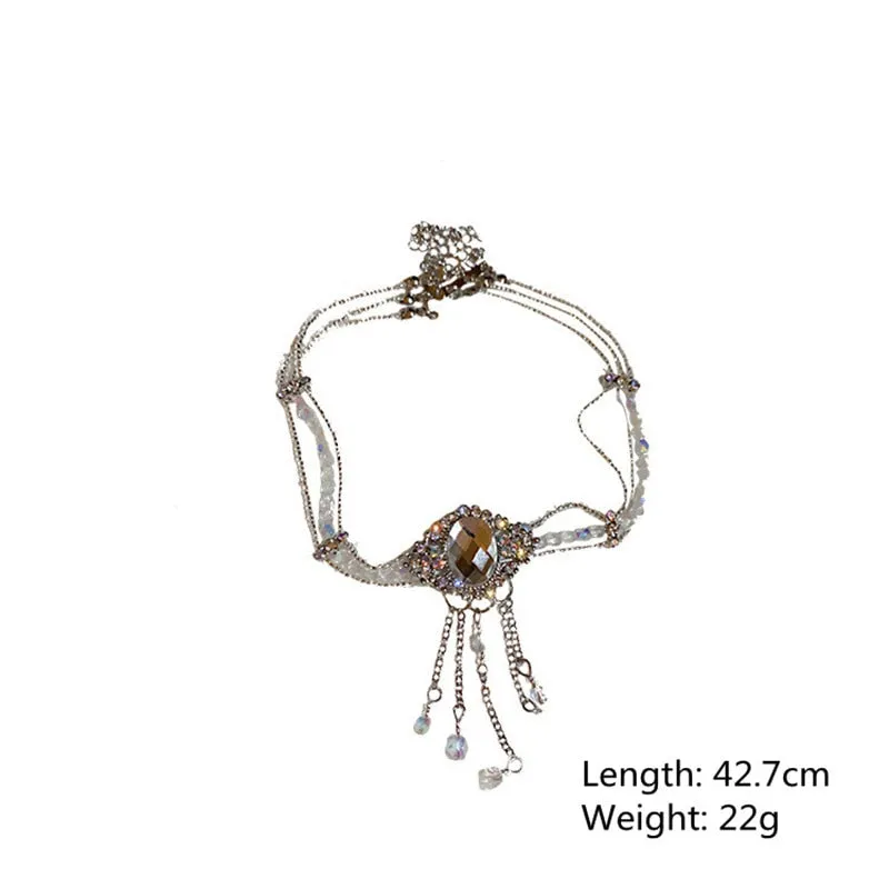 Korean style White Oval Crystal Choker Necklaces for Women Long Tassel Pendant Necklaces