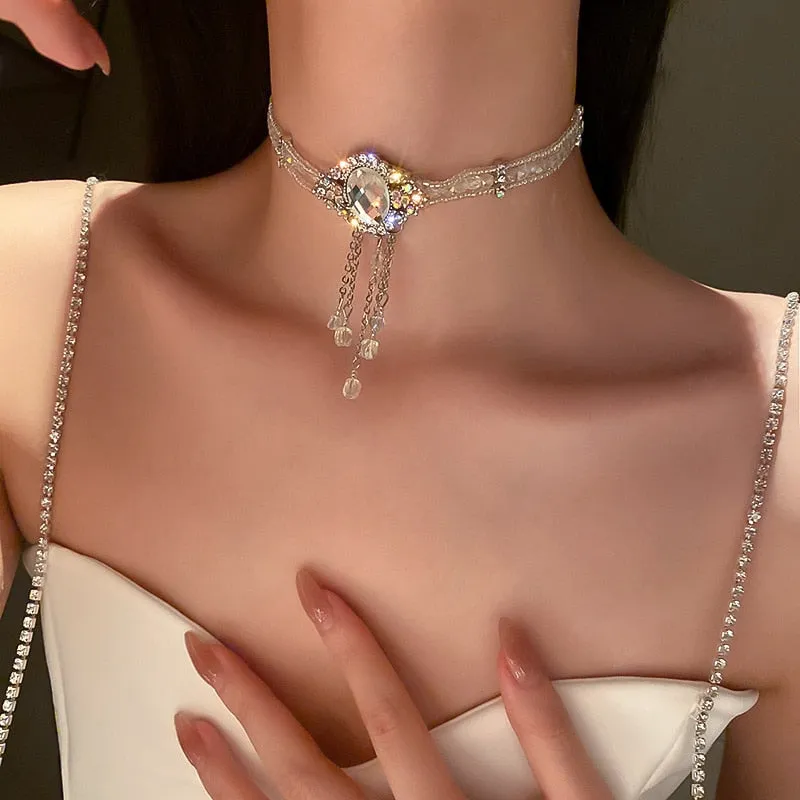 Korean style White Oval Crystal Choker Necklaces for Women Long Tassel Pendant Necklaces