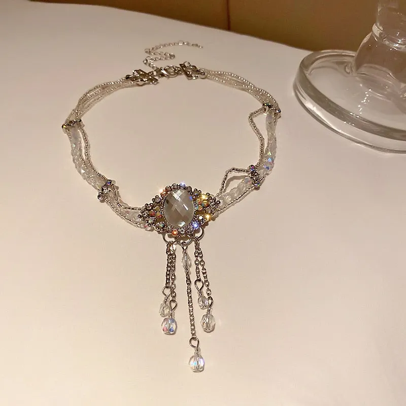 Korean style White Oval Crystal Choker Necklaces for Women Long Tassel Pendant Necklaces