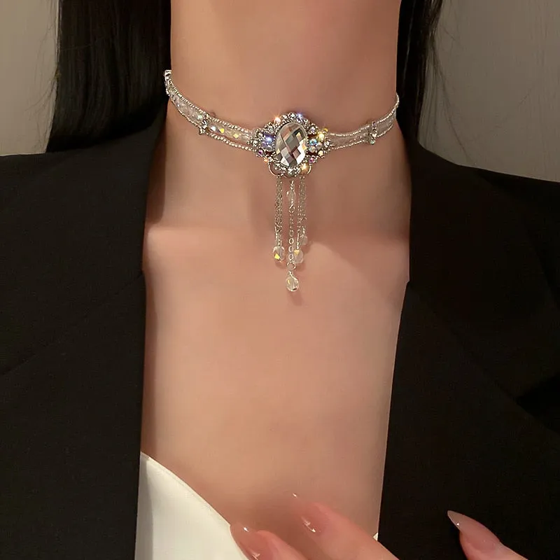 Korean style White Oval Crystal Choker Necklaces for Women Long Tassel Pendant Necklaces