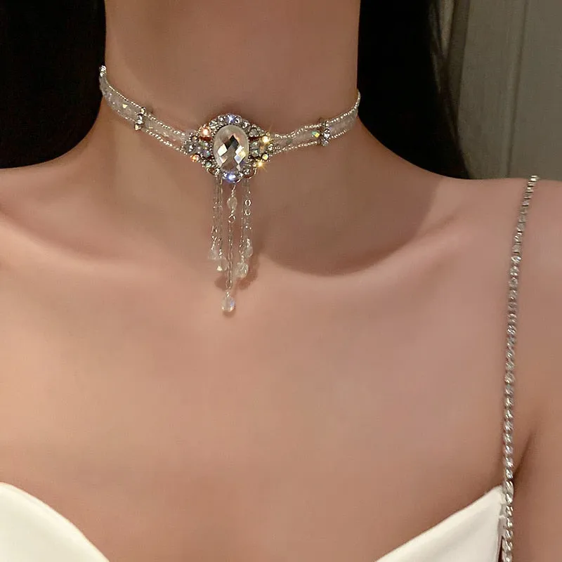 Korean style White Oval Crystal Choker Necklaces for Women Long Tassel Pendant Necklaces