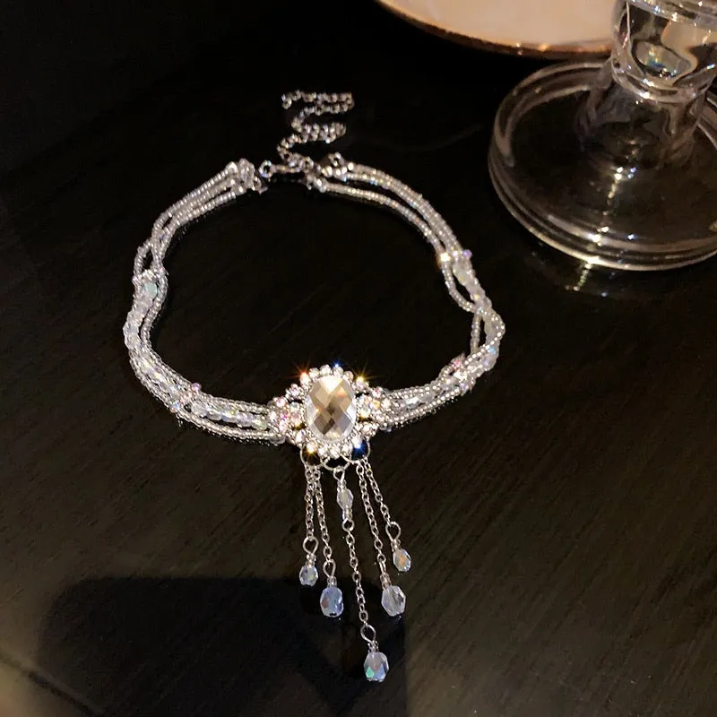 Korean style White Oval Crystal Choker Necklaces for Women Long Tassel Pendant Necklaces