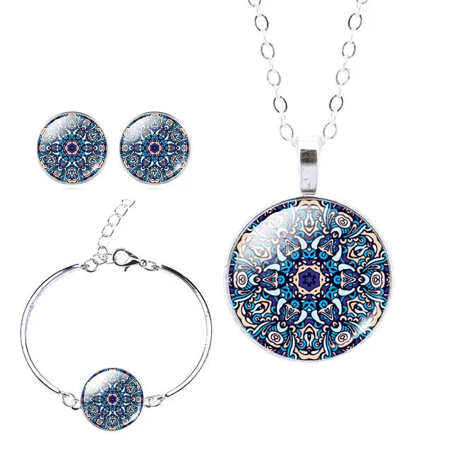 LIEBE ENGEL Classic Silver Color Jewelry Set OM Symbol Buddhism Zen Picture Necklace Stud Earring Bracelet Bangle Sets Jewelry