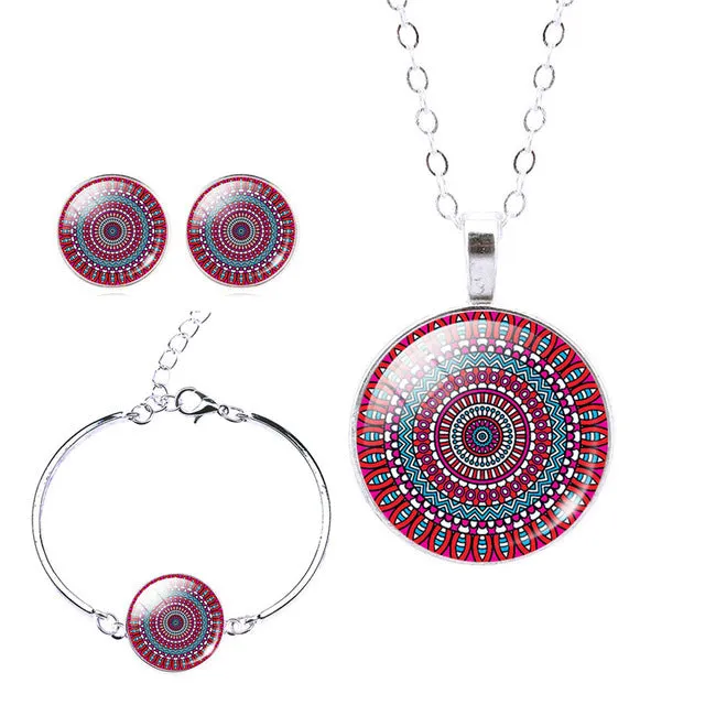 LIEBE ENGEL Classic Silver Color Jewelry Set OM Symbol Buddhism Zen Picture Necklace Stud Earring Bracelet Bangle Sets Jewelry