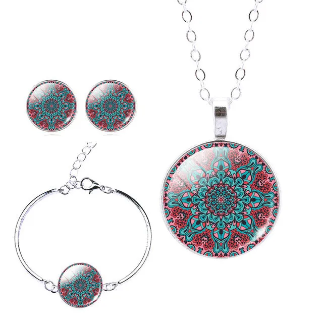 LIEBE ENGEL Classic Silver Color Jewelry Set OM Symbol Buddhism Zen Picture Necklace Stud Earring Bracelet Bangle Sets Jewelry