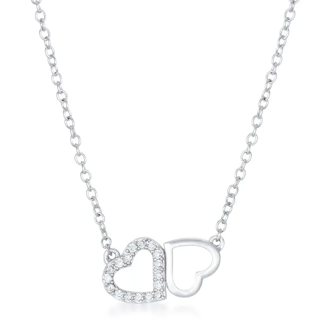 LOVCIA Rhodium-Plated CZ Double Hearts Romantic Necklace
