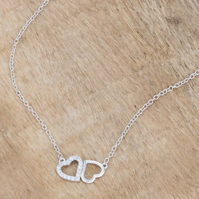 LOVCIA Rhodium-Plated CZ Double Hearts Romantic Necklace