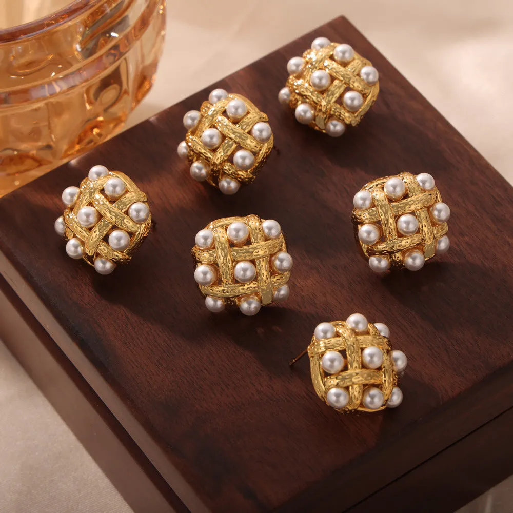 Luxurious Retro Copper Hollow Bead Stud Earrings - Wholesale Jewelry