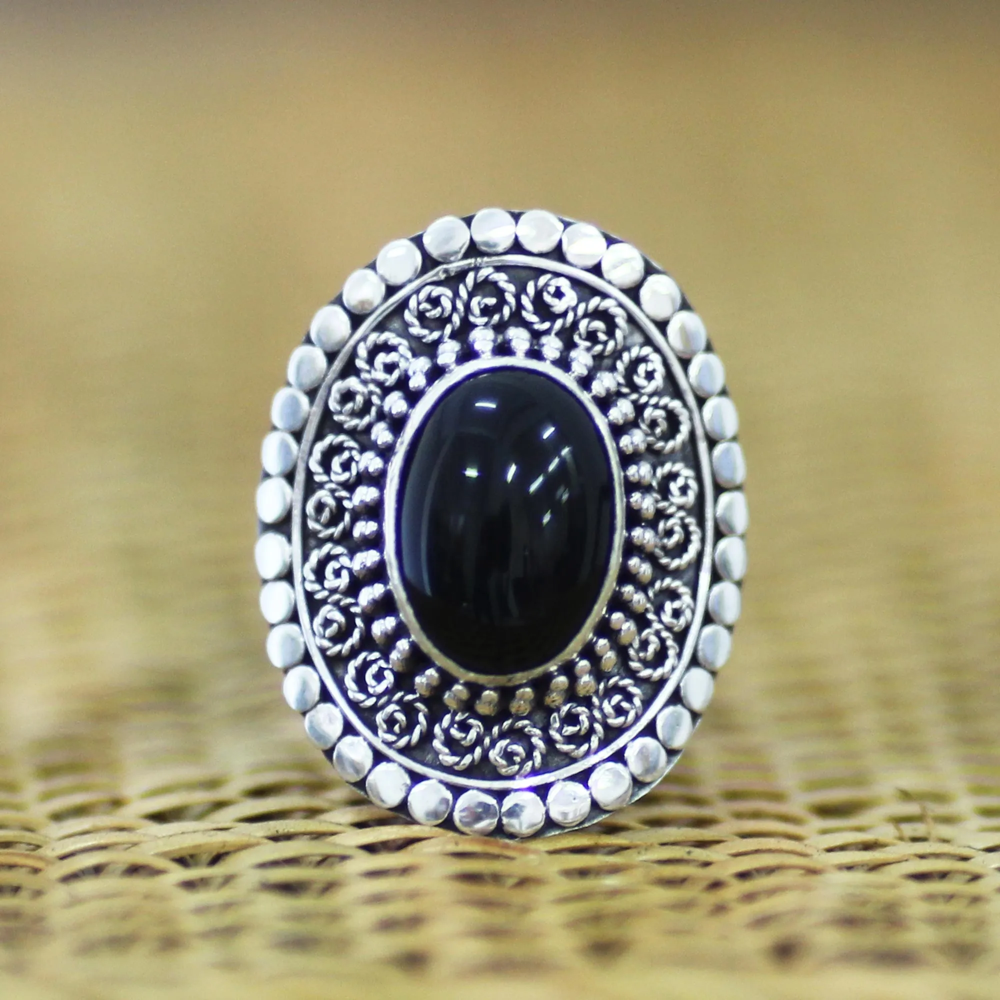 Majesty Halo Sterling Silver and Onyx Cocktail Ring