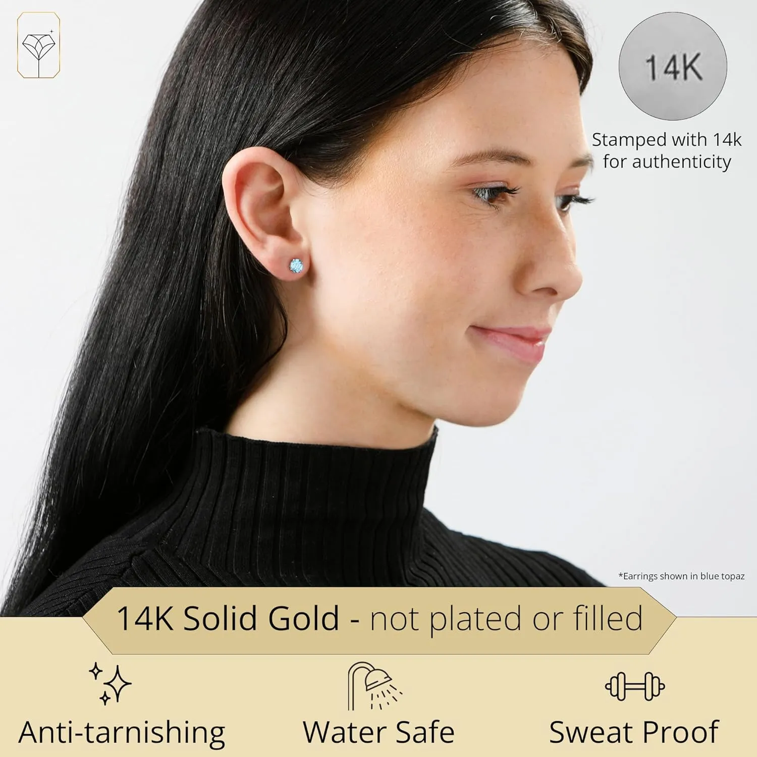 MAX   STONE 14k Gold Round Stud Gemstone Earrings - 6mm Birthstone, Real Gold Gemstone for Women