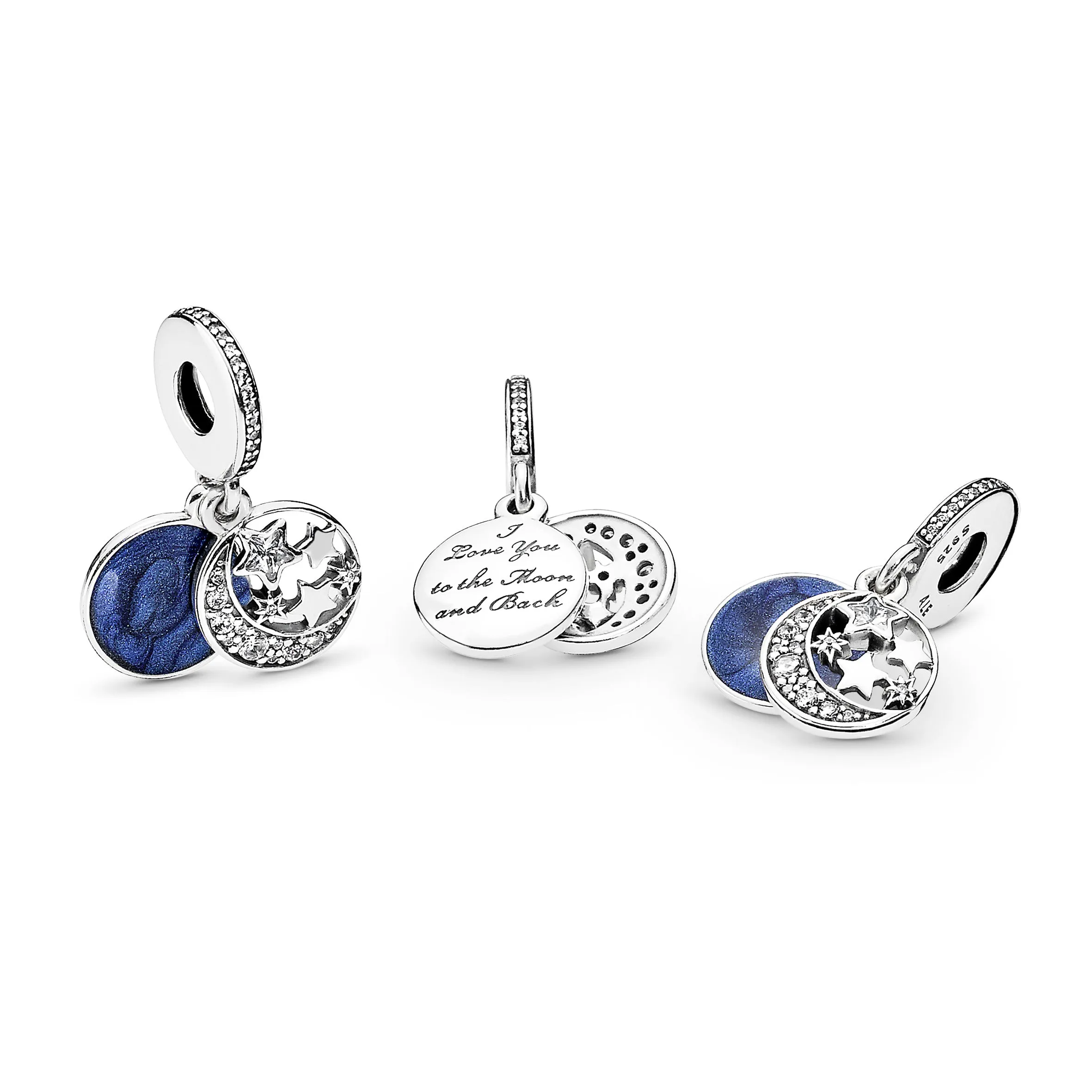 Moon and star silver dangle with clear cubic zirconia and blue enamel