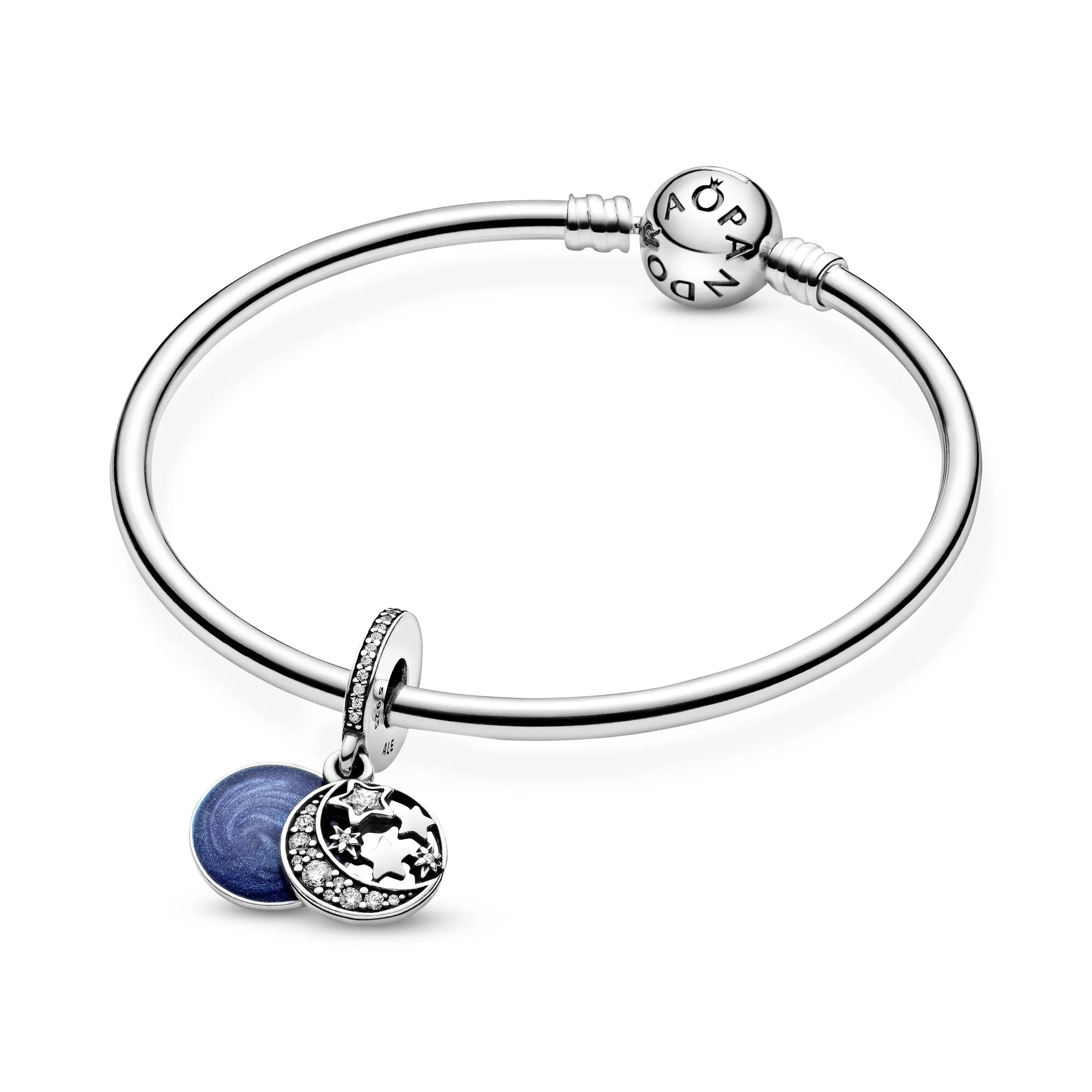 Moon and star silver dangle with clear cubic zirconia and blue enamel