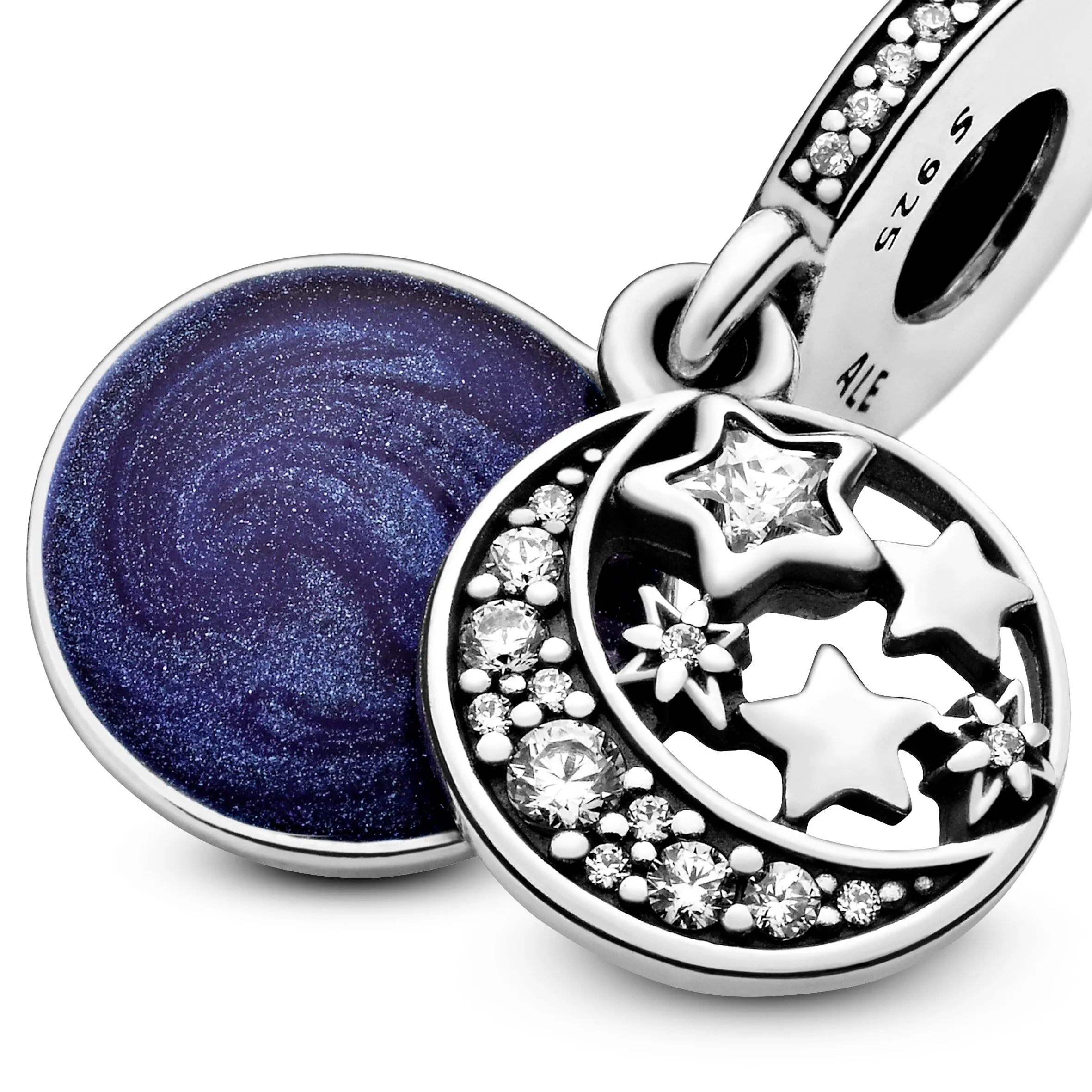 Moon and star silver dangle with clear cubic zirconia and blue enamel