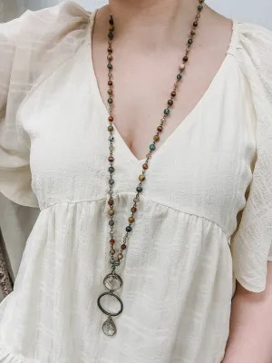 Multi Color Long Necklace with Two Crystal Accent Pendants