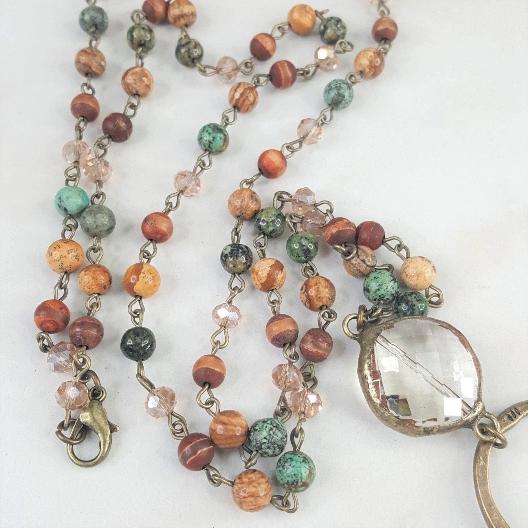 Multi Color Long Necklace with Two Crystal Accent Pendants