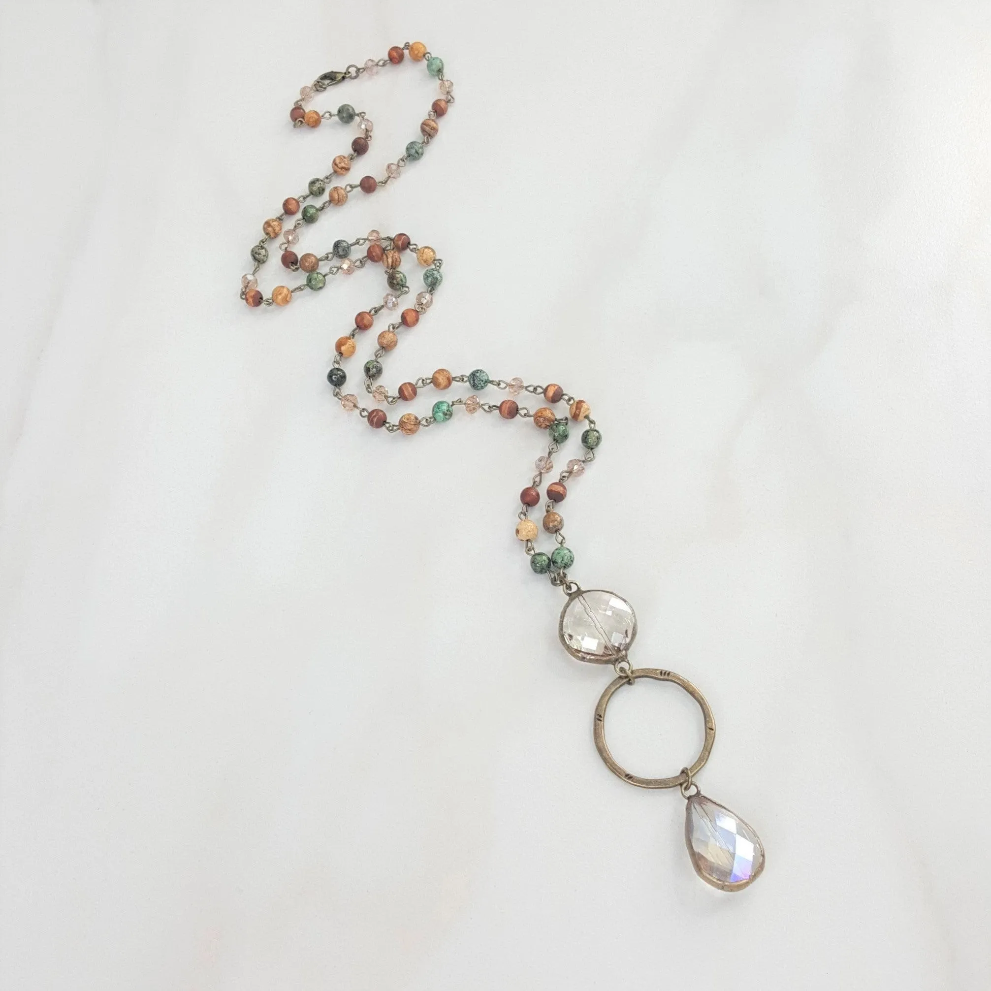 Multi Color Long Necklace with Two Crystal Accent Pendants