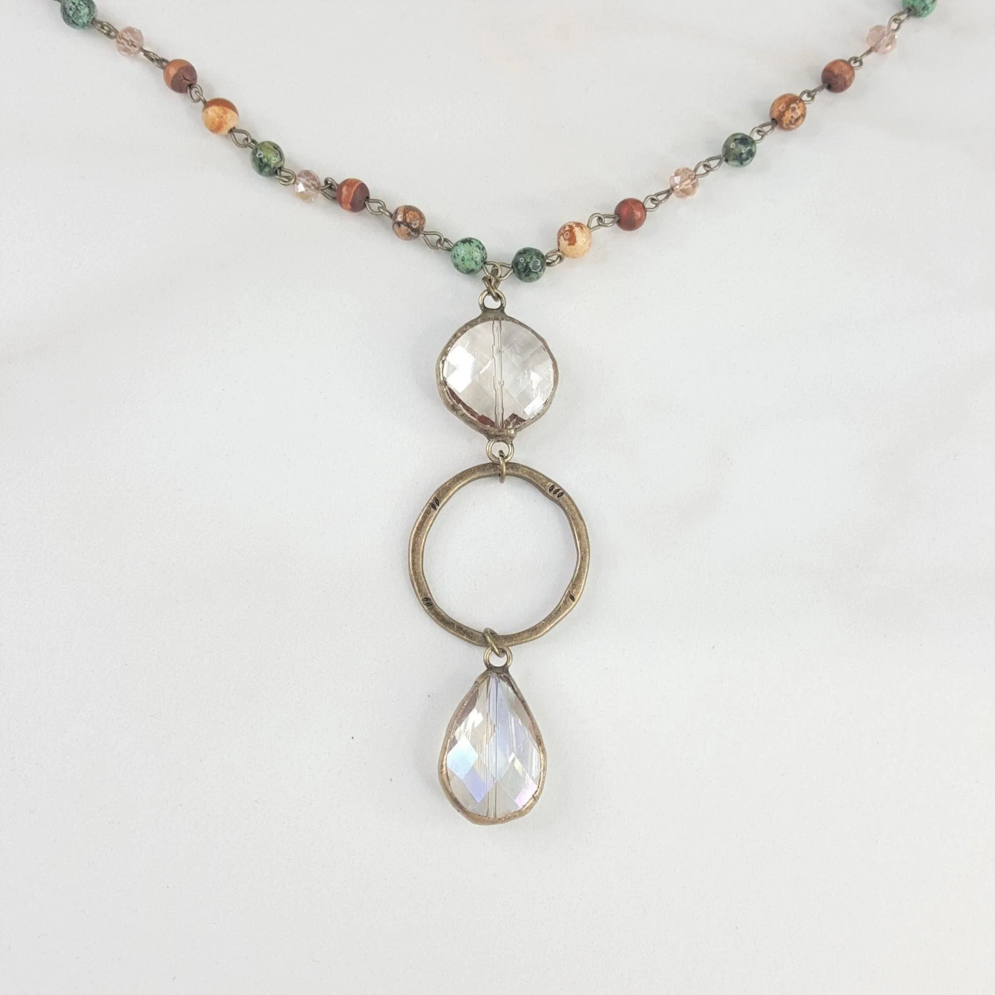 Multi Color Long Necklace with Two Crystal Accent Pendants