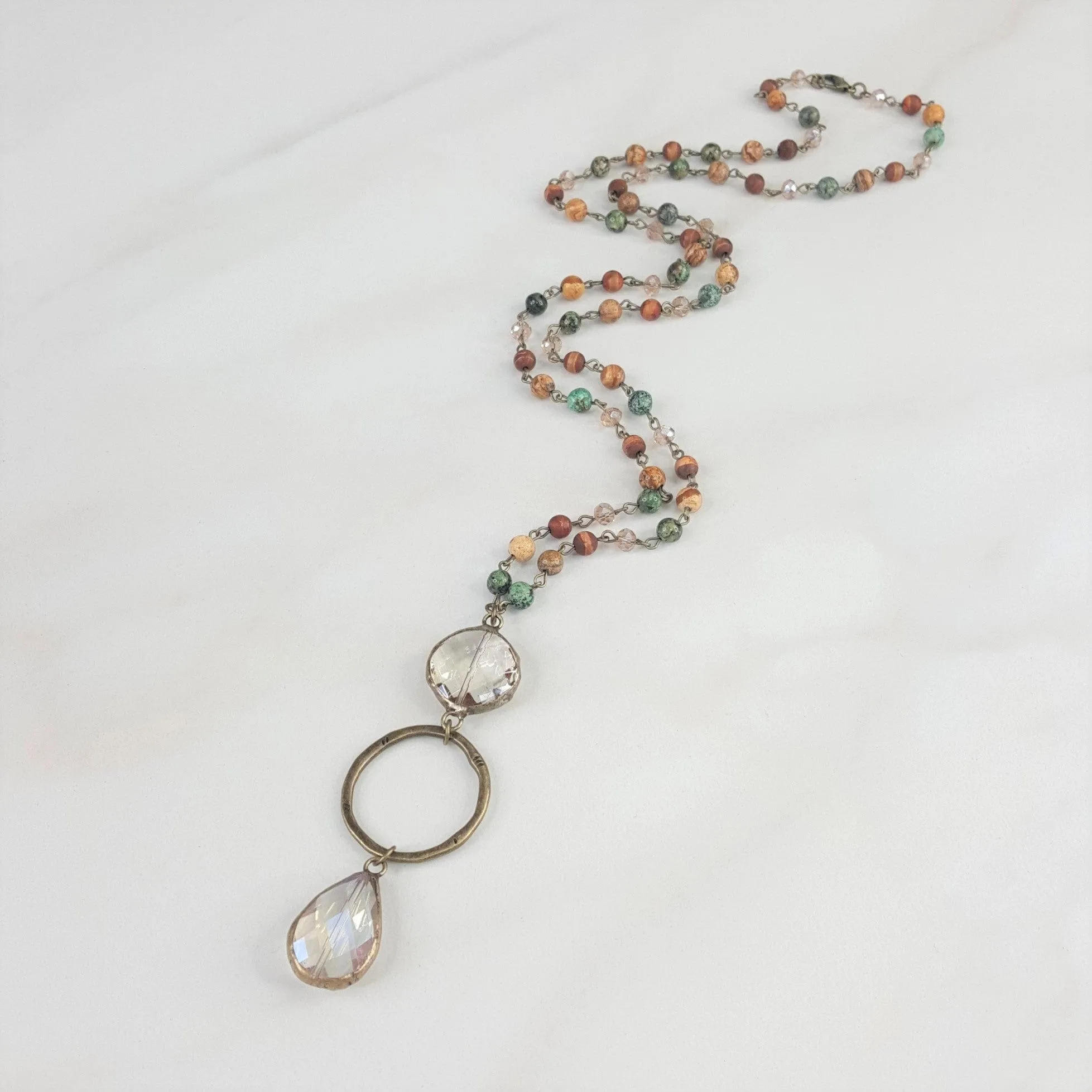 Multi Color Long Necklace with Two Crystal Accent Pendants