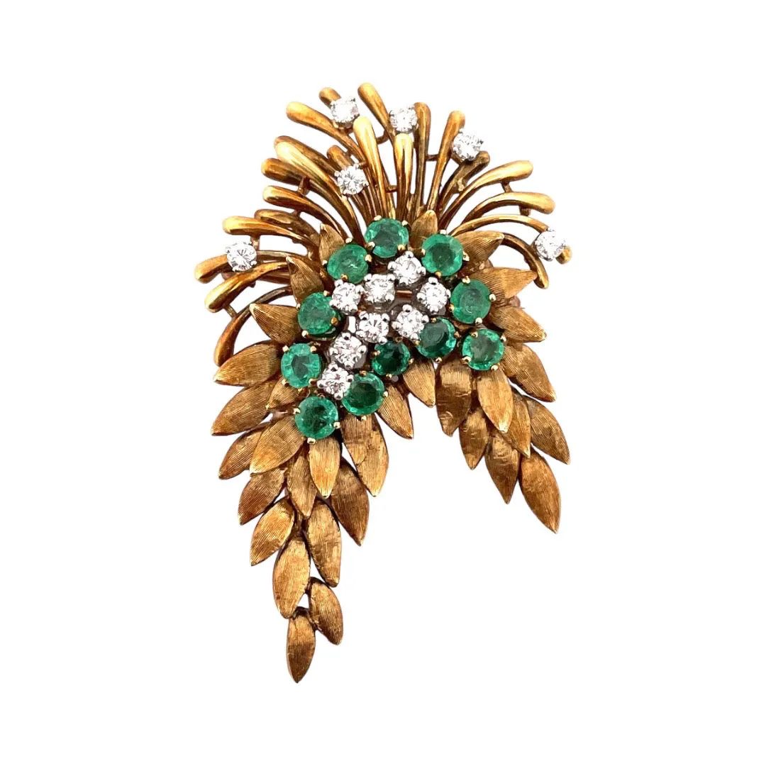 Nature's Elegance 18K Yellow Gold Brooch with emeralds and diamonds