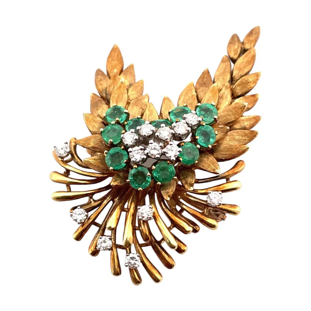 Nature's Elegance 18K Yellow Gold Brooch with emeralds and diamonds