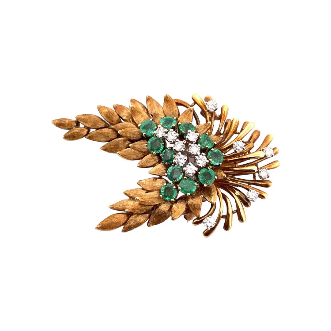 Nature's Elegance 18K Yellow Gold Brooch with emeralds and diamonds