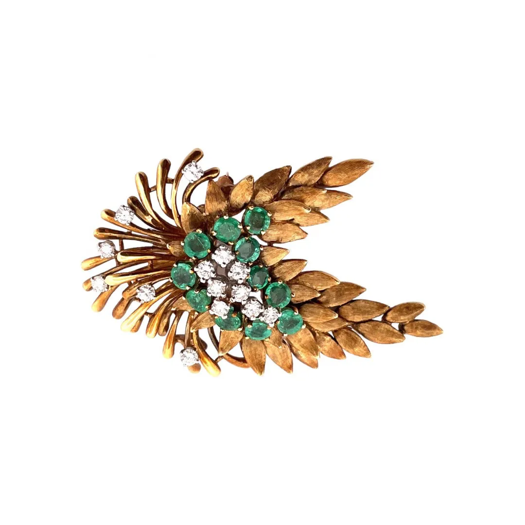 Nature's Elegance 18K Yellow Gold Brooch with emeralds and diamonds