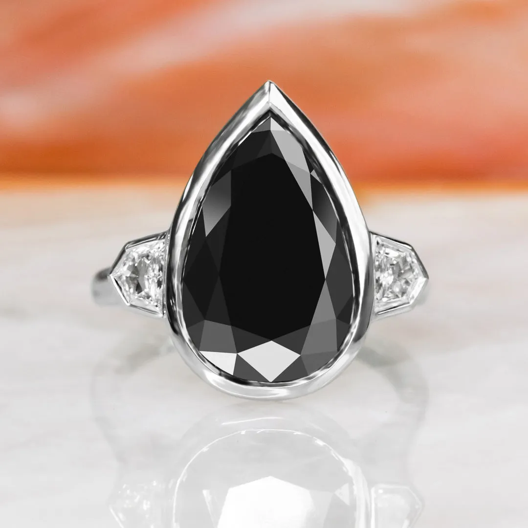 Negra Sombra  Bezel  Natural Black Diamond Pear Engagement Ring