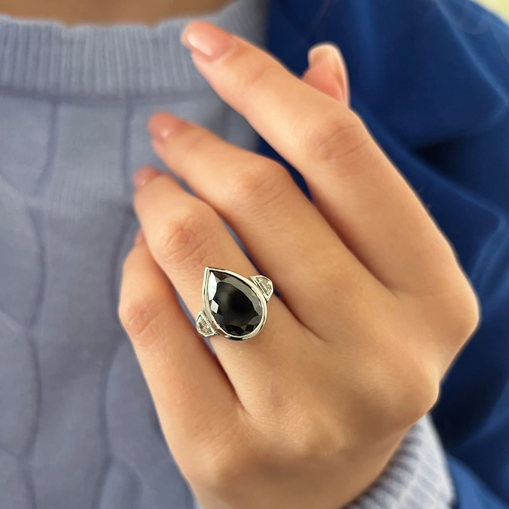 Negra Sombra  Bezel  Natural Black Diamond Pear Engagement Ring