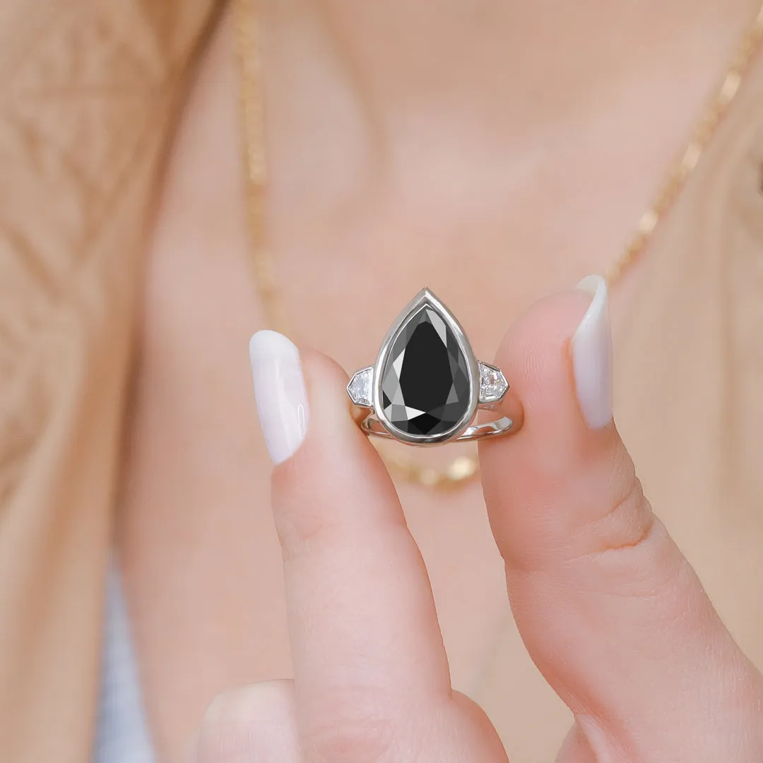 Negra Sombra  Bezel  Natural Black Diamond Pear Engagement Ring