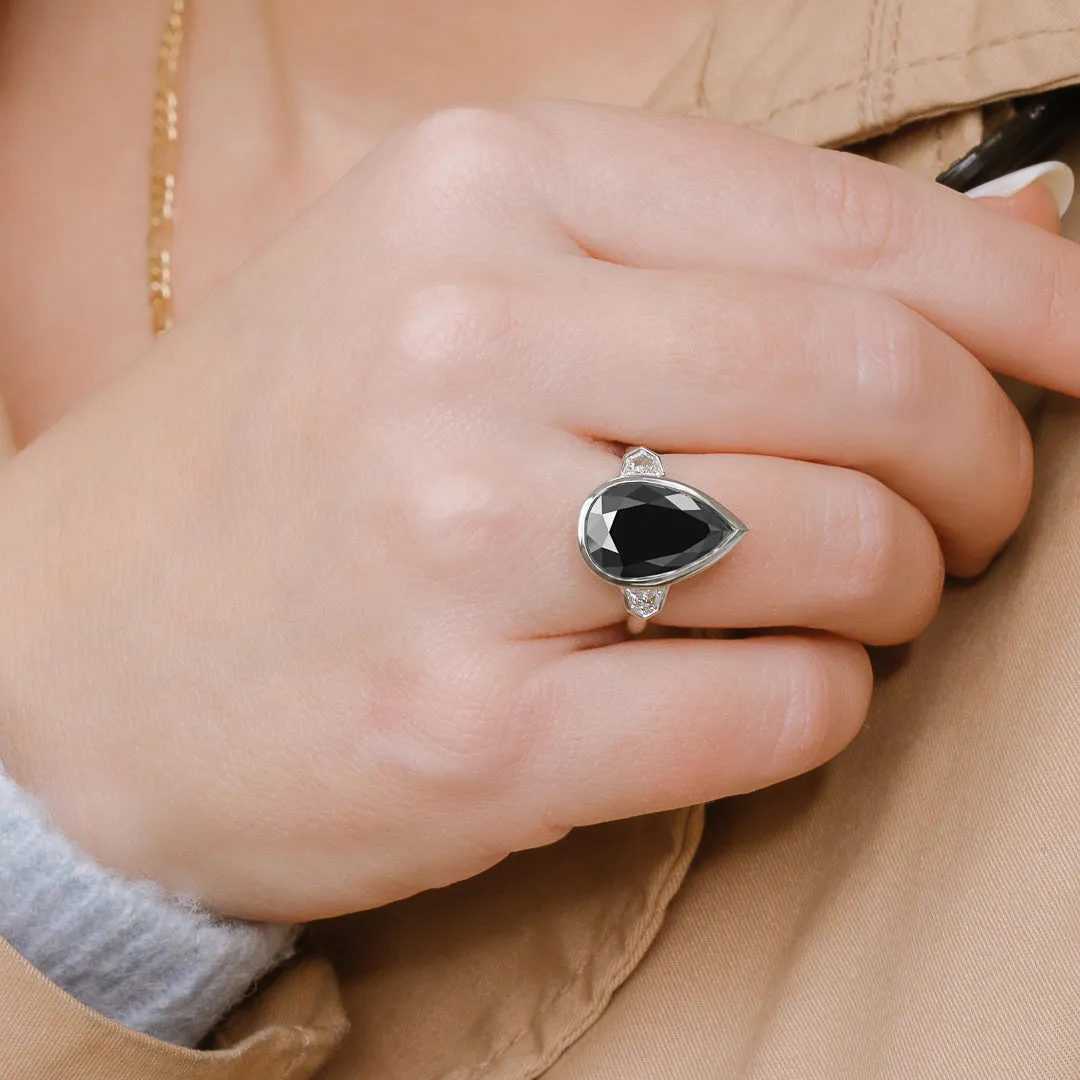 Negra Sombra  Bezel  Natural Black Diamond Pear Engagement Ring