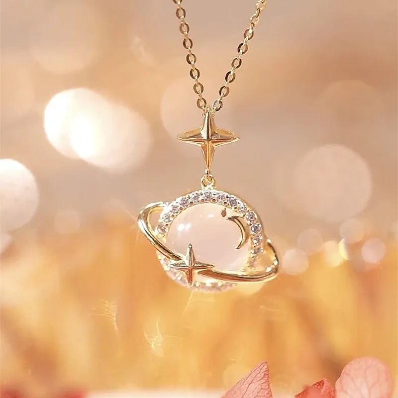 new Planet Opal Pendant Necklace Chain Stainless Steel Geometric Chokers Necklaces