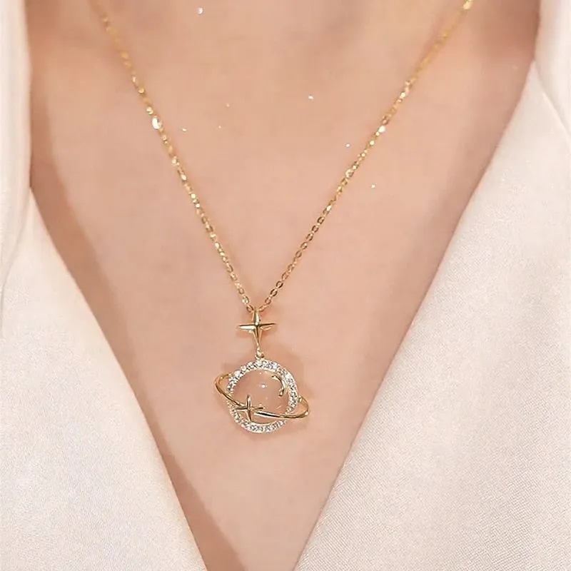new Planet Opal Pendant Necklace Chain Stainless Steel Geometric Chokers Necklaces