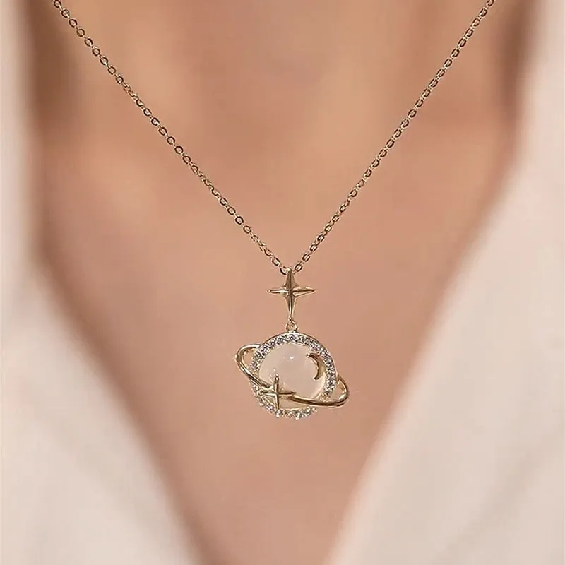 new Planet Opal Pendant Necklace Chain Stainless Steel Geometric Chokers Necklaces