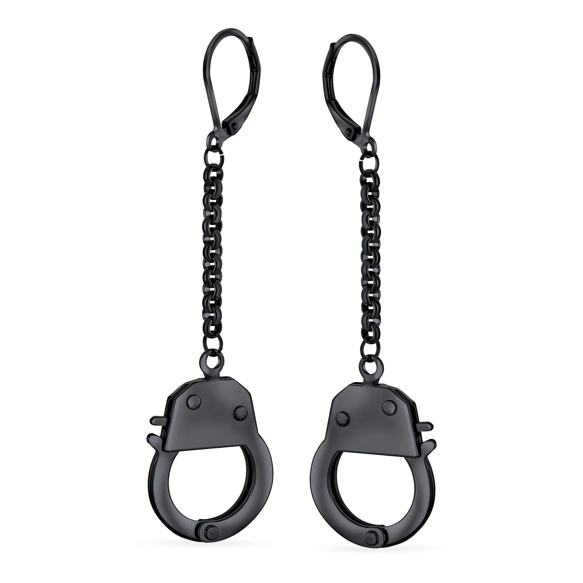 Partners Couples Grey Handcuffs Lever Back Dangle Earrings BlackSilver Tone Steel