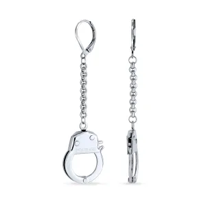 Partners Couples Grey Handcuffs Lever Back Dangle Earrings BlackSilver Tone Steel